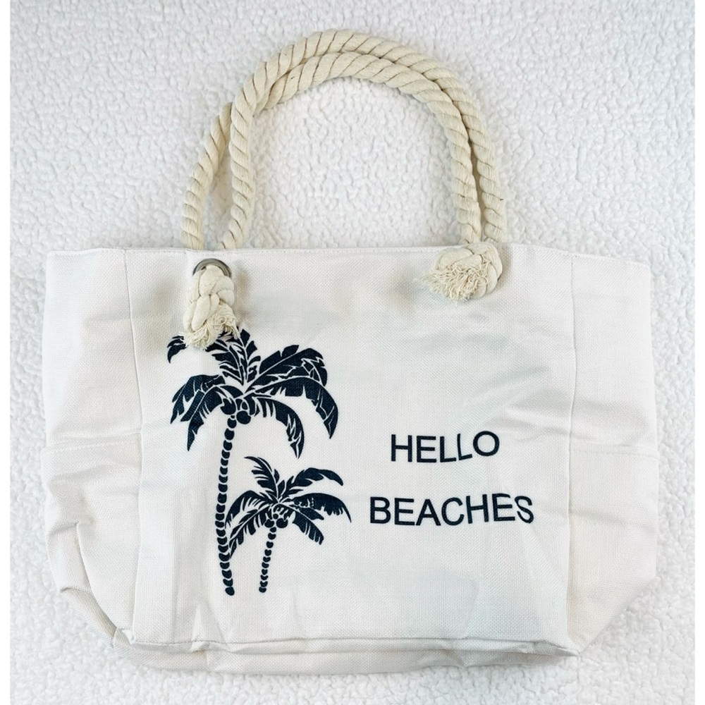(NWT) TESALATE • Cream/Black “Hello Beaches” and Palm Trees Large Beach Tote Bag - Picture 5 of 15